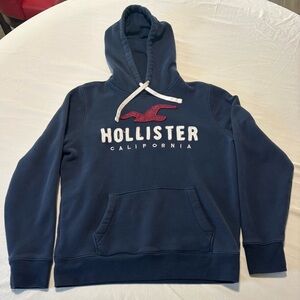 Hollister Men's Navy Hoodie with Red Logo